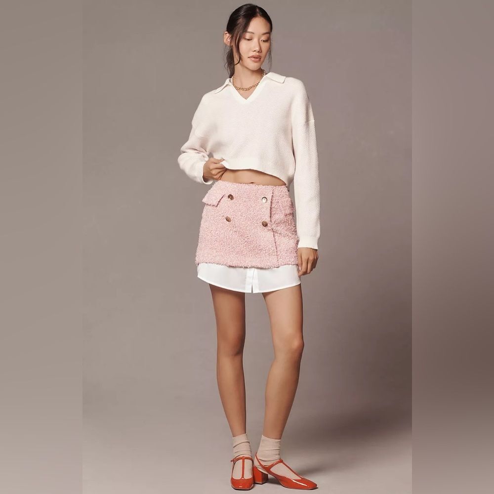 NWT Anthropologie | Maeve Tweed Pink White Weave Mini Skirt Sz‎ 6